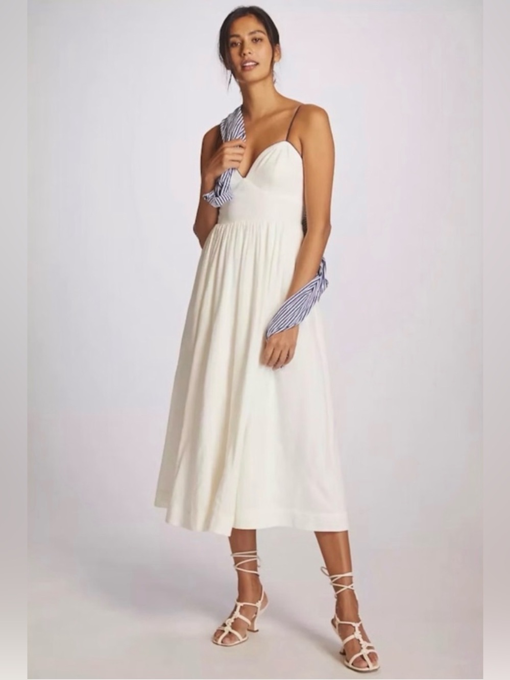 Maeve Linen Midi Dress White Navy Contrast Seamed Anthropologie Pockets Smocked - Picture 14 of 16